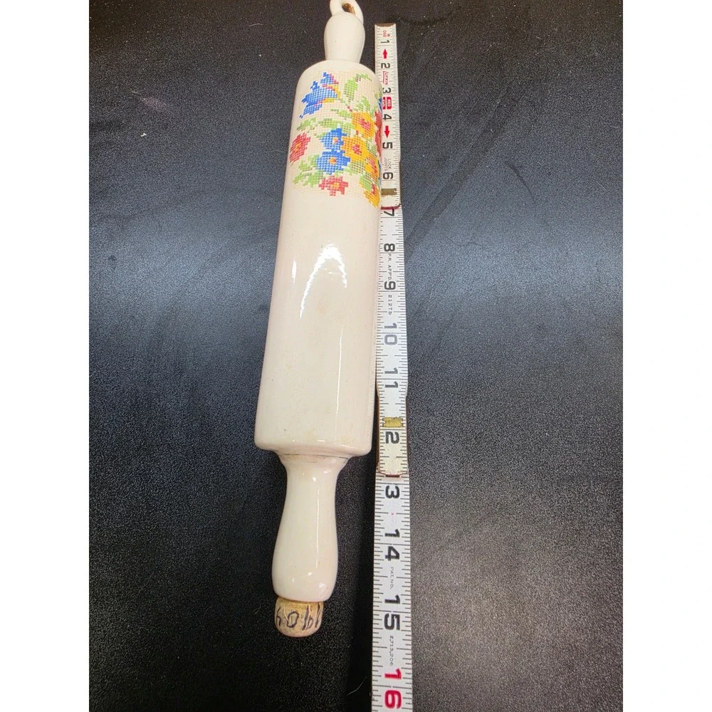 Vintage Ceramic Water Filled Rolling Pin Floral Cross Stitch Cream 15.5in